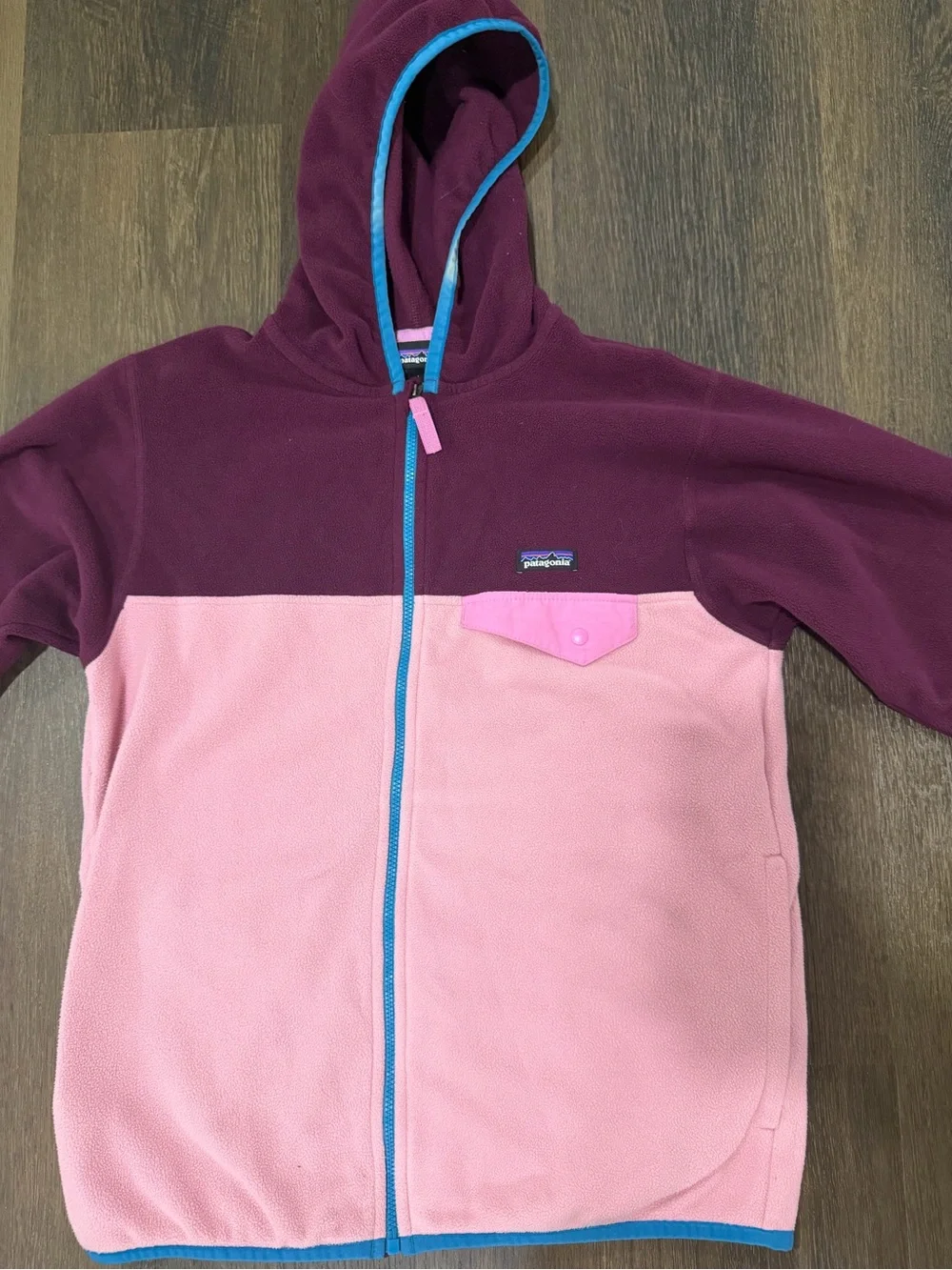 Patagonia Kids Hooded Fleece Jacket - Pink & Maroon with Blue Trim